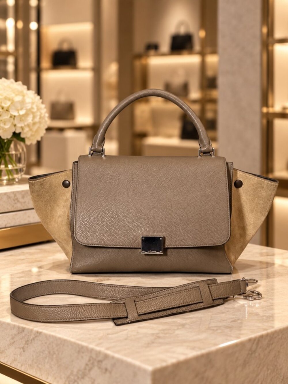 Celine Trapeze Small Grey Leather Shoulder Bag Suede Wings – Very Good Condition
